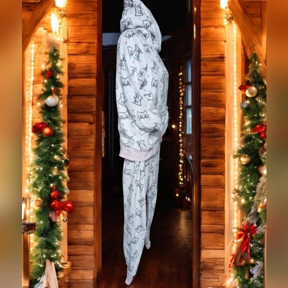 Pillow Talk Cat 2-Piece Cozy Fleece Pajama Set Hooded Top & Bottoms Ladies Sz M - Picture 2 of 12